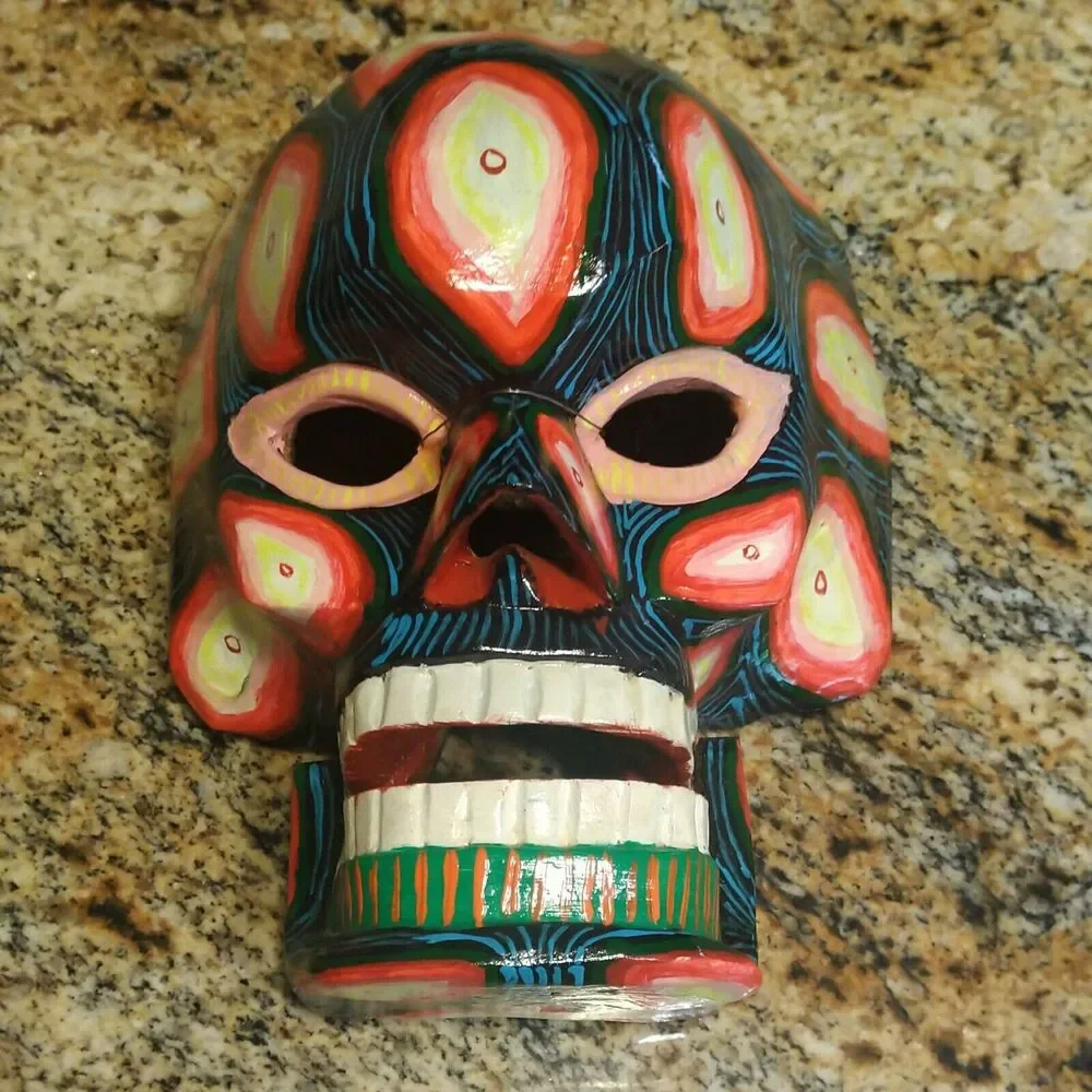 GUATEMALAN MEXICAN MOVABLE SKULL MASK TRANSFORMATION WOODEN FOLK ART HAND CARVED